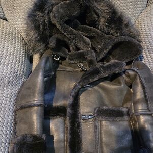 Kids Black Pea Coat with Faux Fur Trim